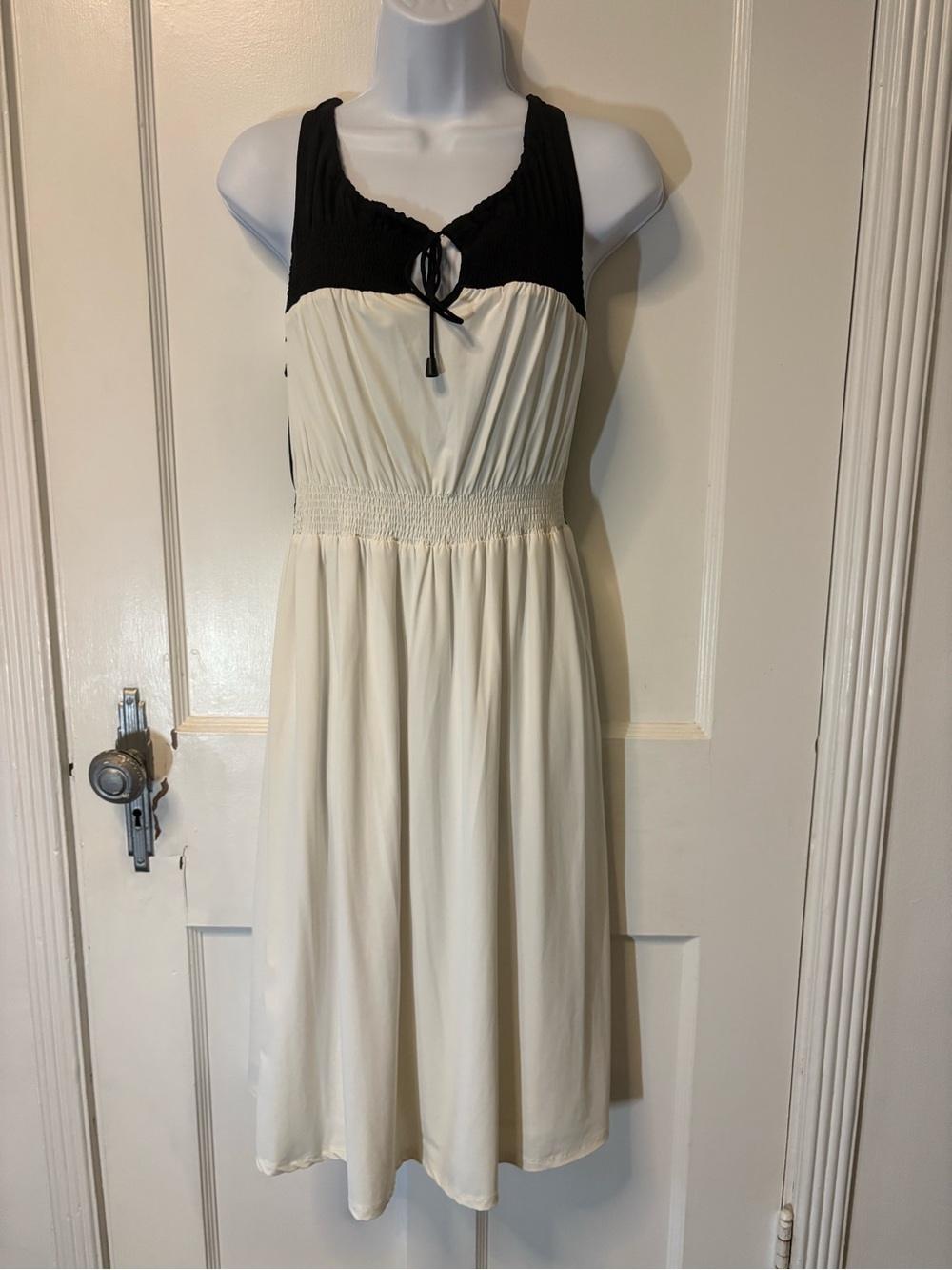 Blanc Noir Black & Cream Sleeveless Midi Dress with Tie Detail